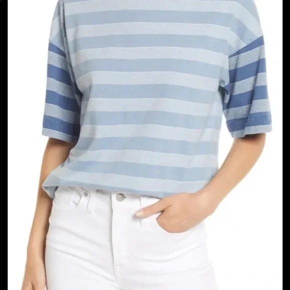 MADEWELL Indigo Stripe-Block t-shirt in light blue Size Small - Picture 4 of 11